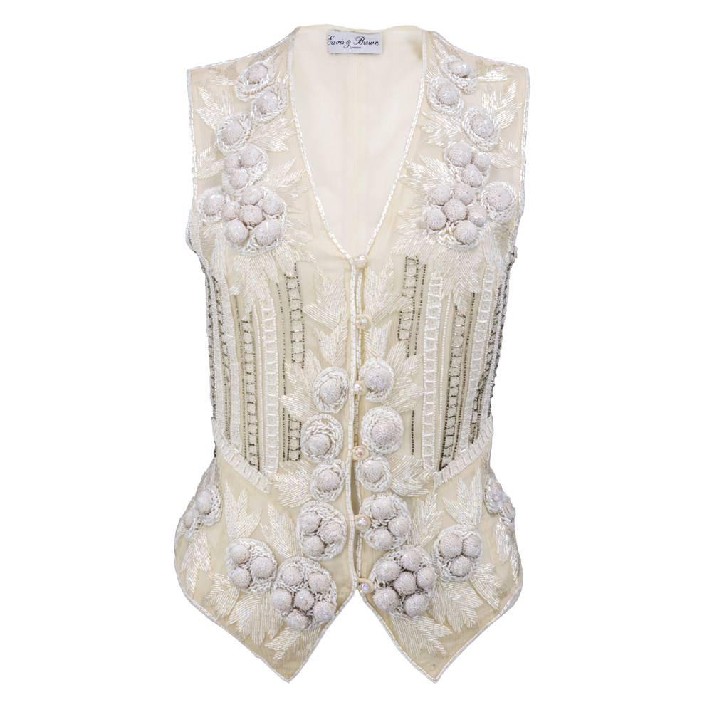 90s Eavis and Brown White Chiffon Heavily Embellished Vest For Sale