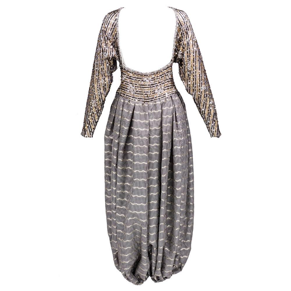 Gray 80s Galanos Metallic Sequin and Striped Harem Evening Pant Jumpsuit For Sale