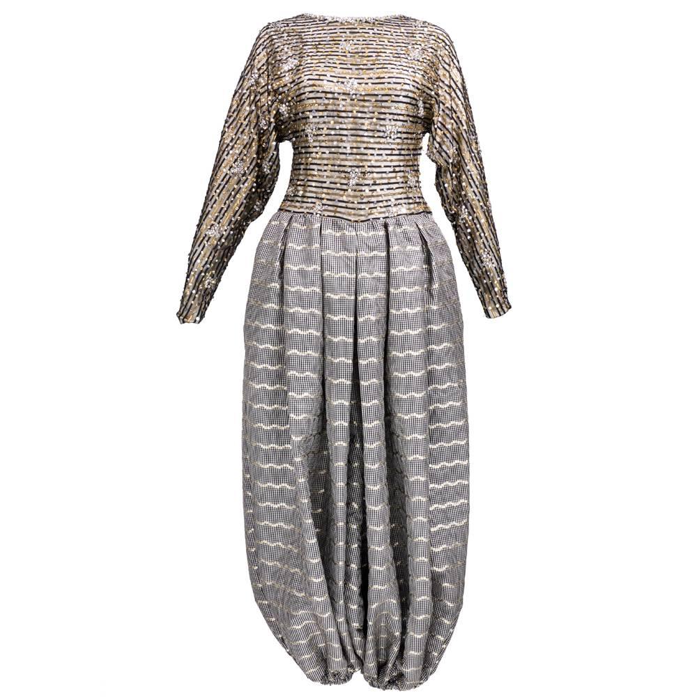 80s Galanos Metallic Sequin and Striped Harem Evening Pant Jumpsuit For Sale