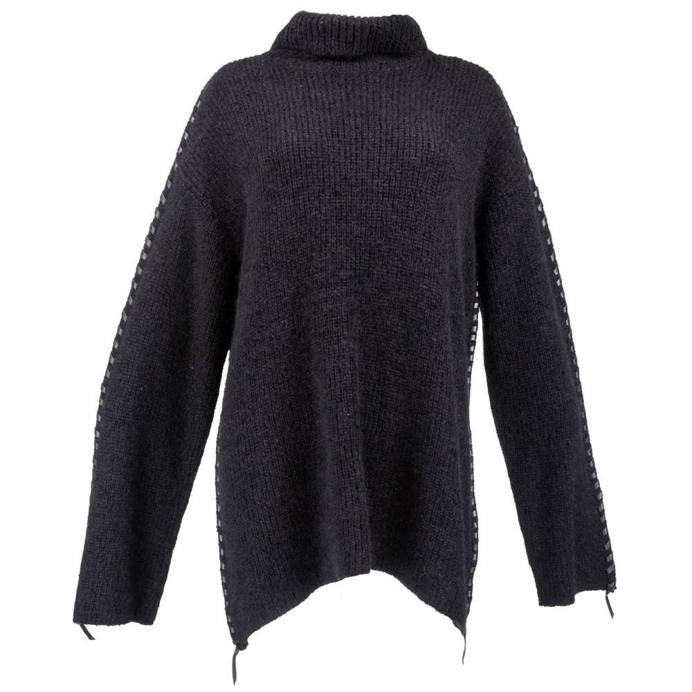 Issey Miyake Oversized Black Turtleneck Sweater with Leather Stitching. For Sale