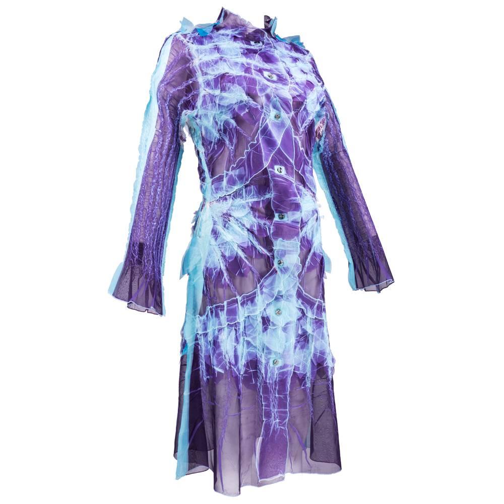 90s Yoshiki Hishinuma Purple and Turquoise Sheer Coat Dress For 