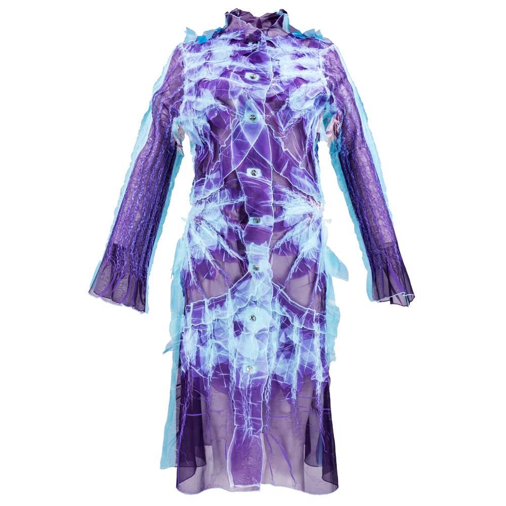 90s Yoshiki Hishinuma Purple and Turquoise Sheer Coat Dress For Sale
