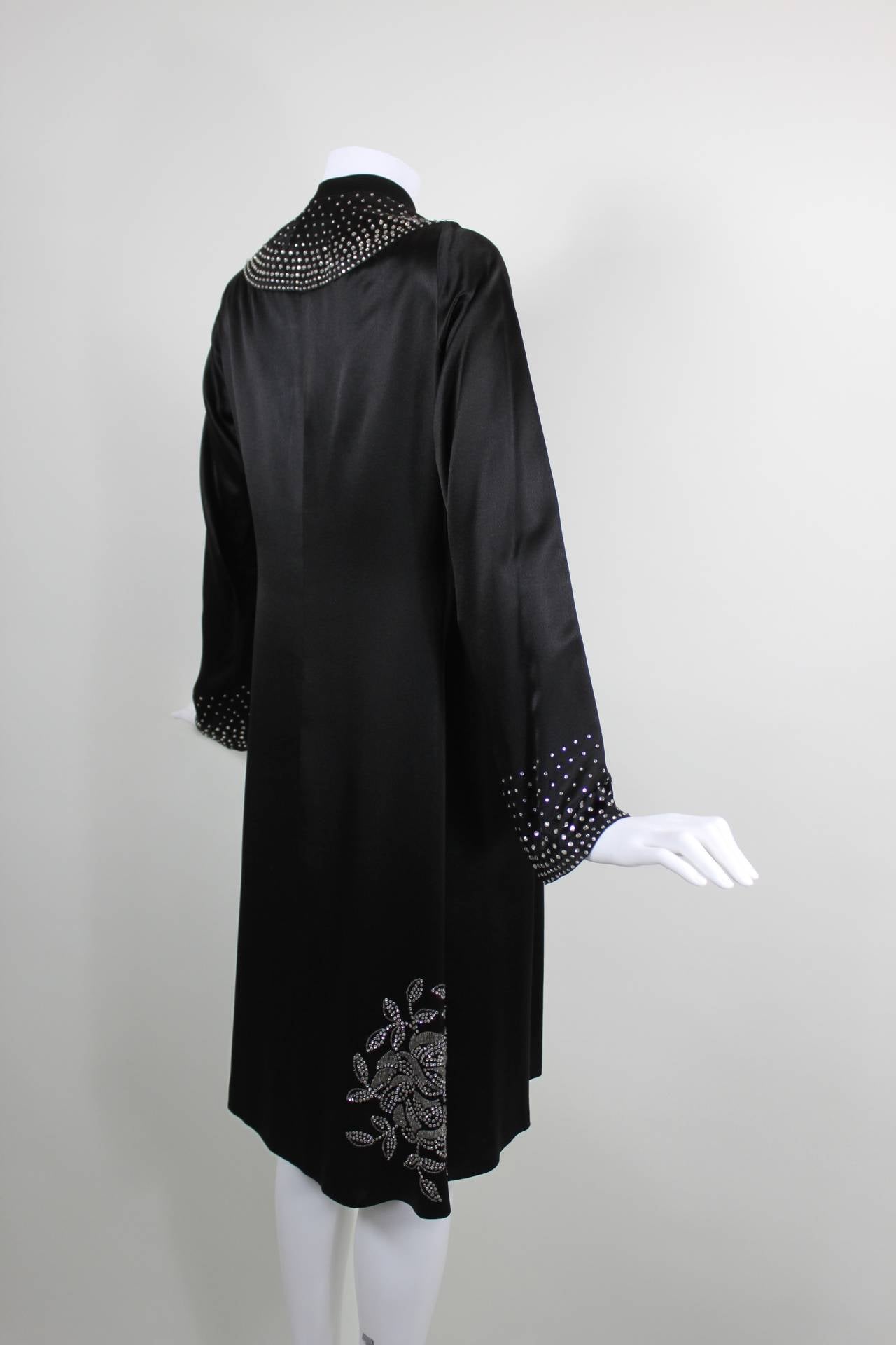 1920s Black Silk Evening Coat with Rhinestone Floral Motif