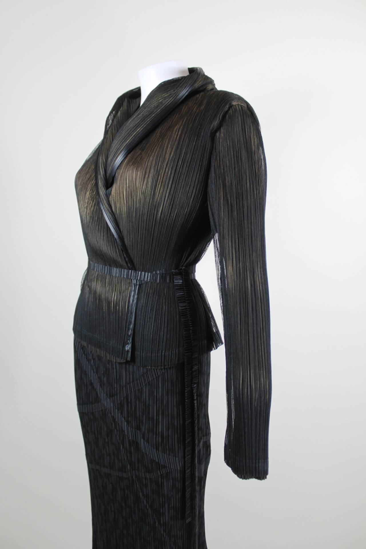 Black Issey Miyake Pleated Shawl Collar Jacket with Pleated Column Skirt For Sale