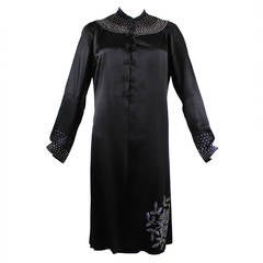 1920s Black Silk Evening Coat with Rhinestone Floral Motif