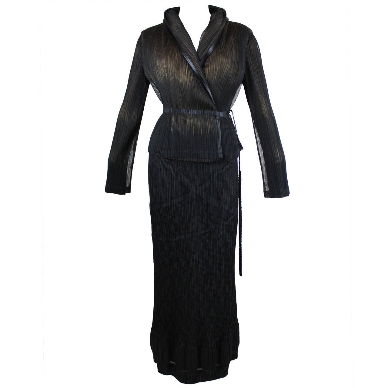 Issey Miyake Pleated Shawl Collar Jacket with Pleated Column Skirt For Sale