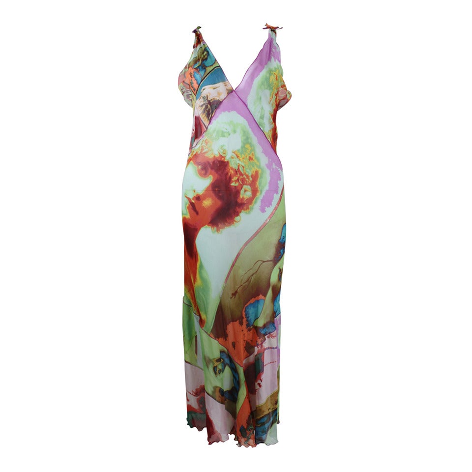 Jean Paul Gaultier Silk Bias Dress with Portrait Print For Sale
