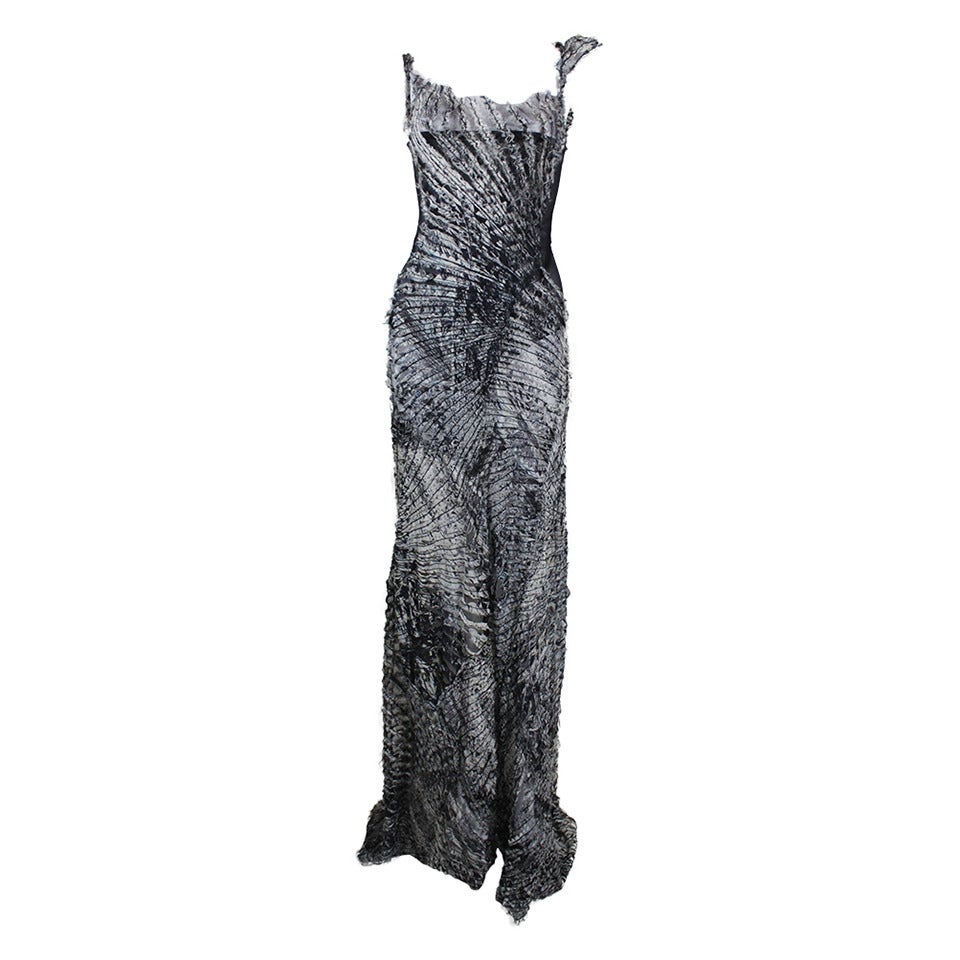 Roberto Cavalli Sheer Asymmetrical Gown with Appliqued Graphic Print