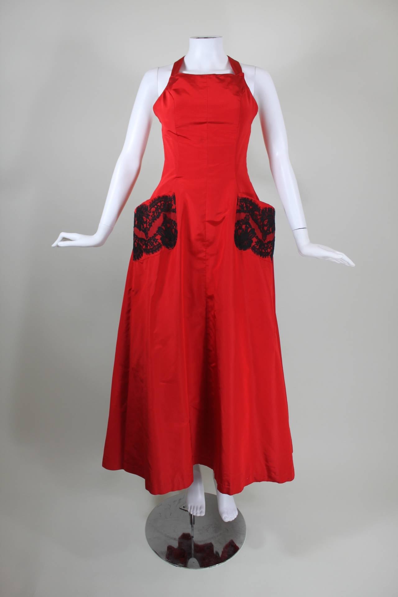 1990s Christian Lacroix Strawberry Red and Black Lace Pinafore Gown In Excellent Condition In Los Angeles, CA