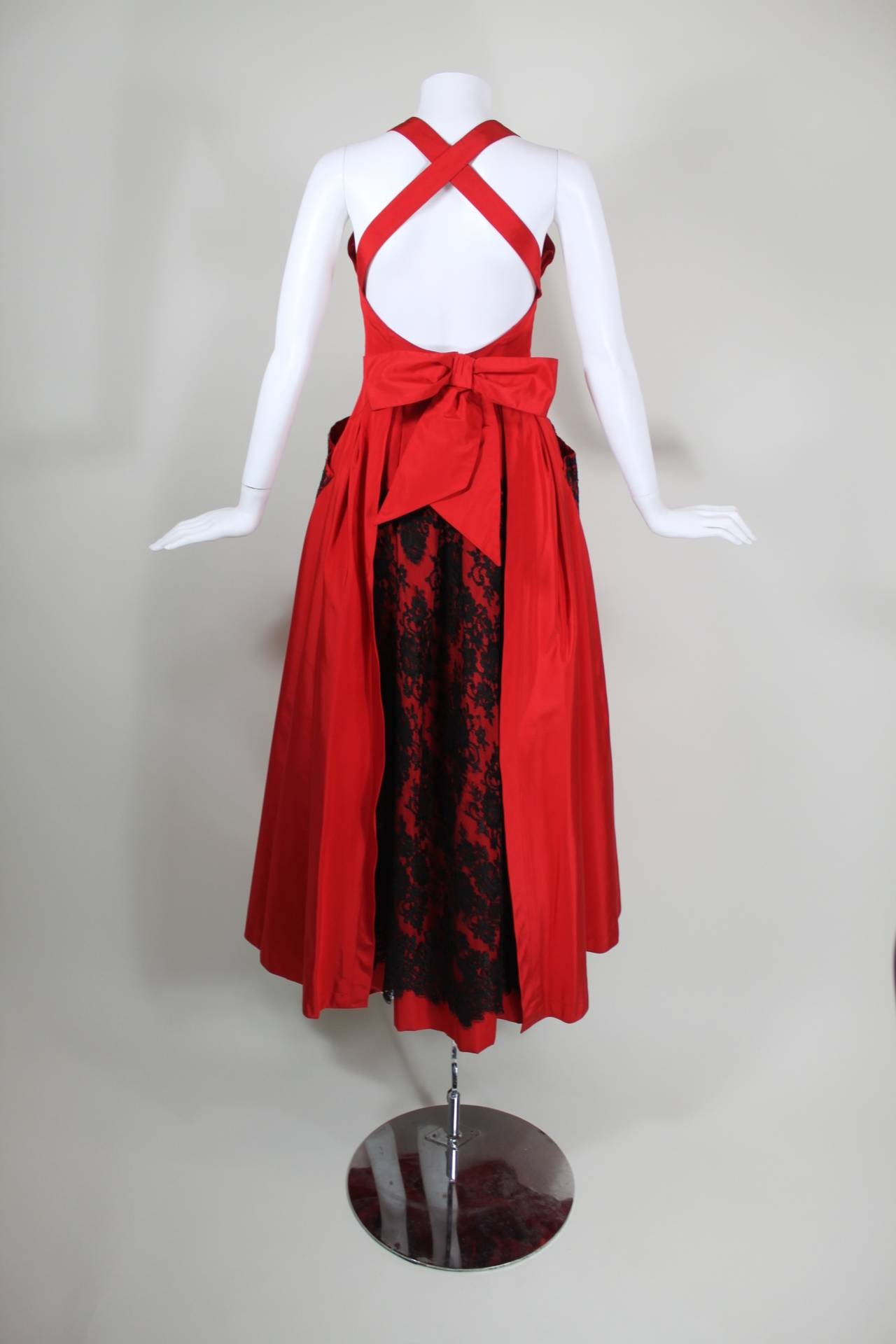 Women's 1990s Christian Lacroix Strawberry Red and Black Lace Pinafore Gown