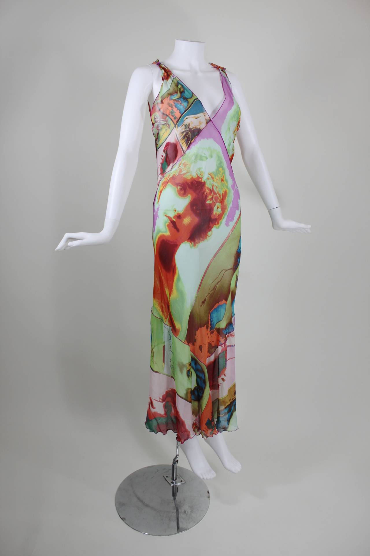 Brown Jean Paul Gaultier Silk Bias Dress with Portrait Print For Sale