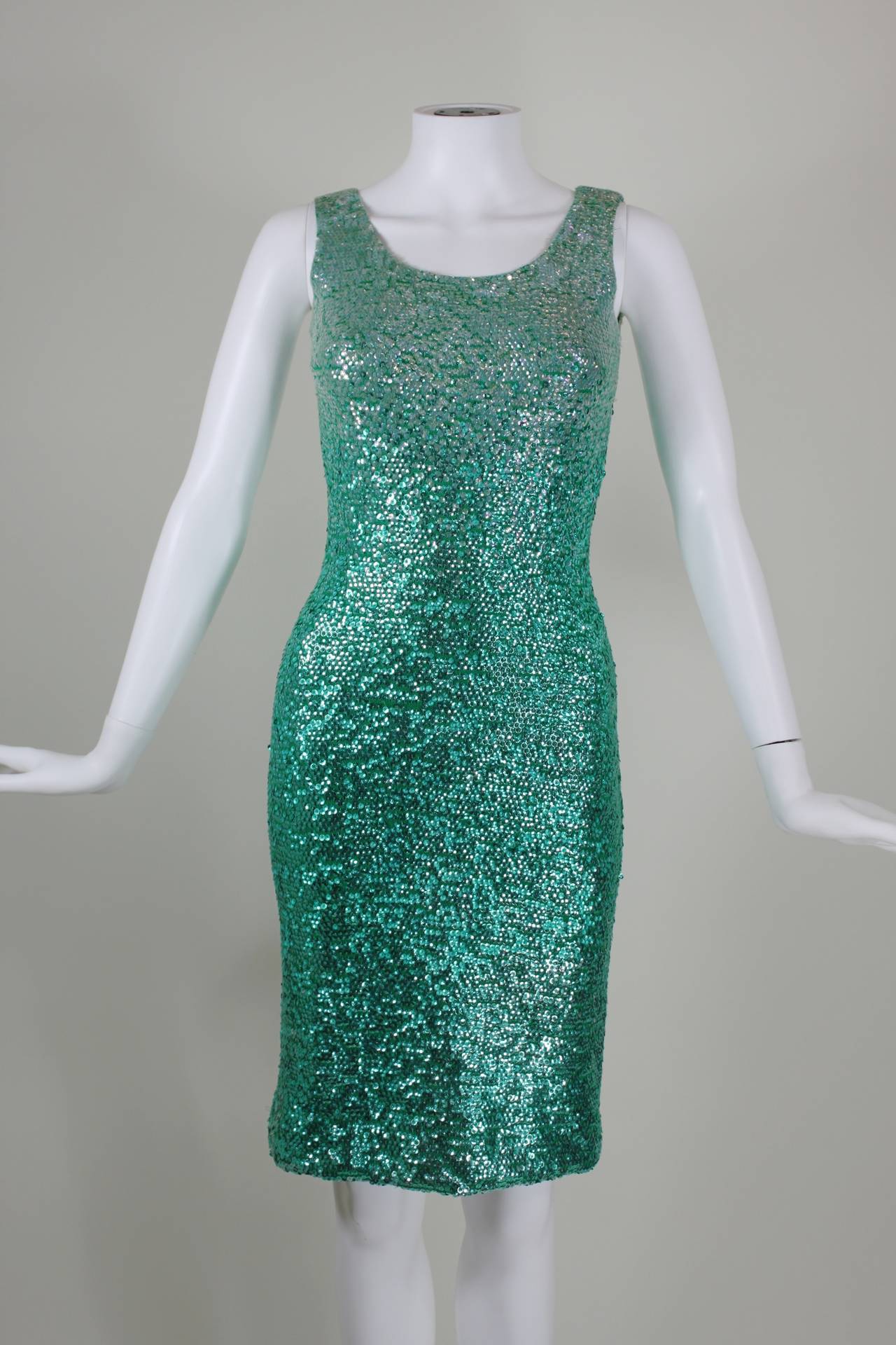 1960s Peacock Green Sequined Knit Dress In Excellent Condition In Los Angeles, CA