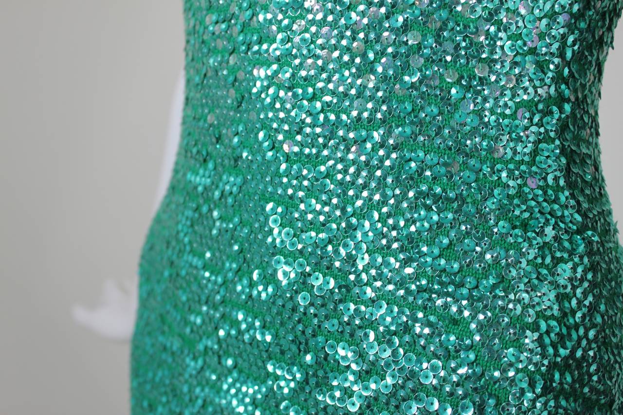 1960s Peacock Green Sequined Knit Dress 1