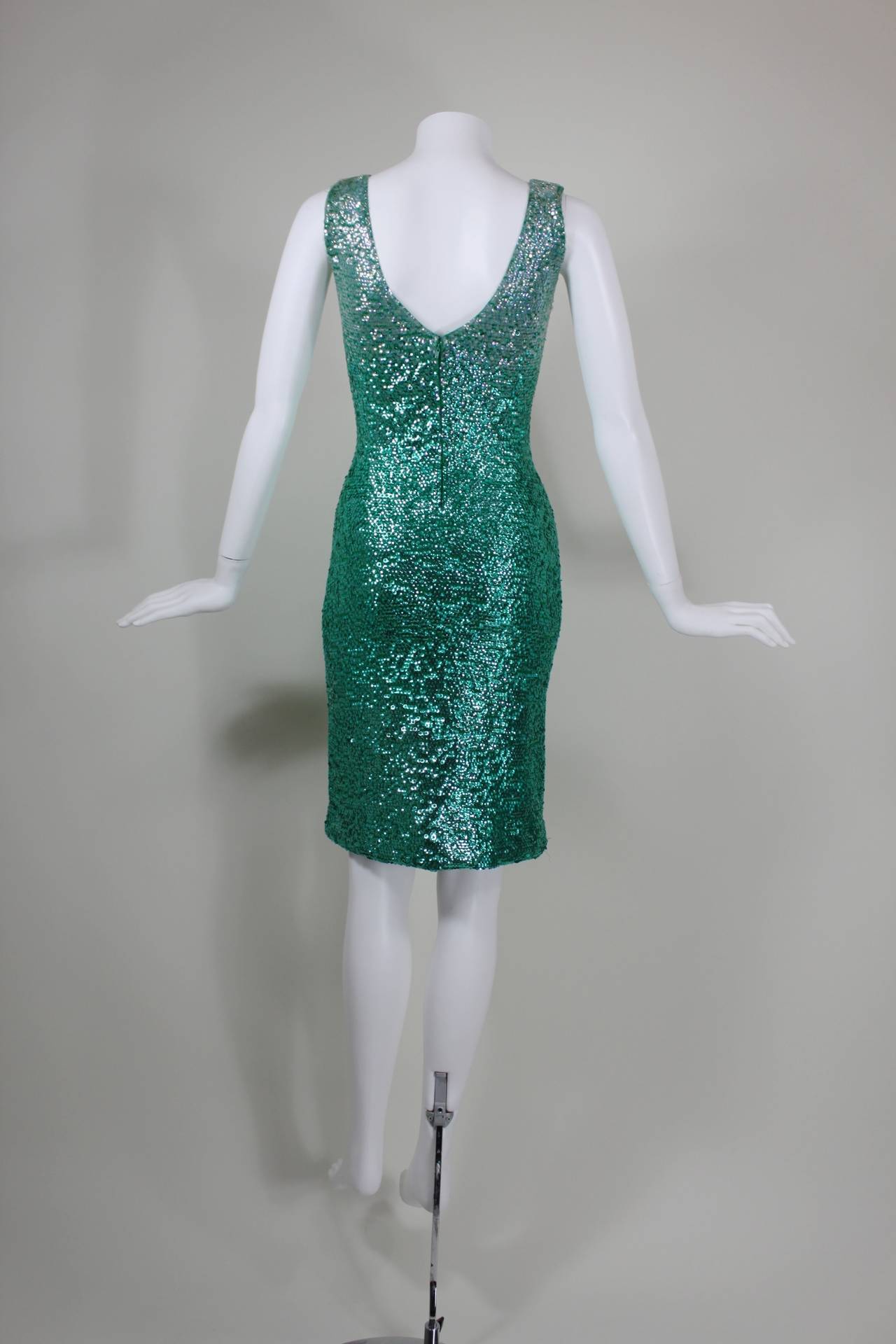 1960s Peacock Green Sequined Knit Dress 2