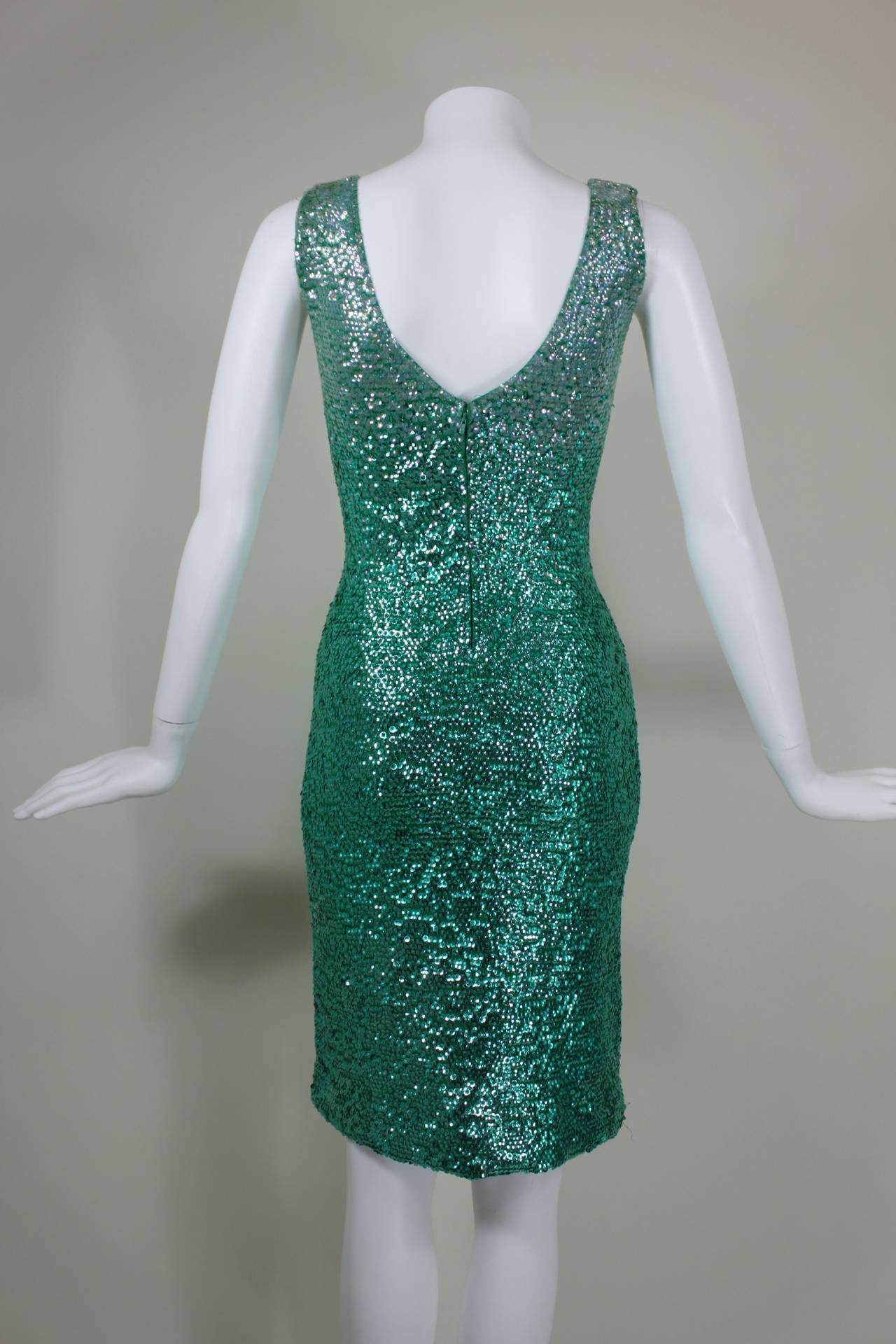 1960s Peacock Green Sequined Knit Dress 4