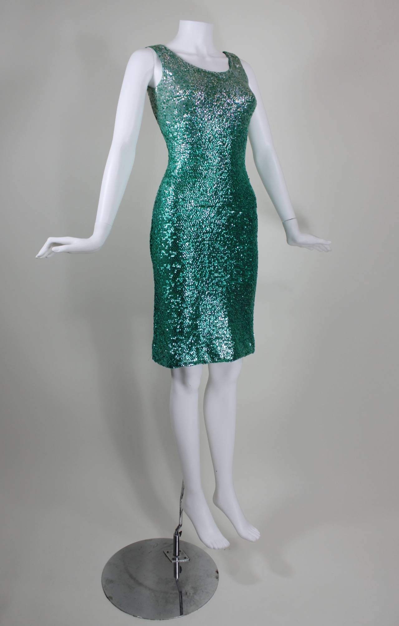 1960s Peacock Green Sequined Knit Dress 3
