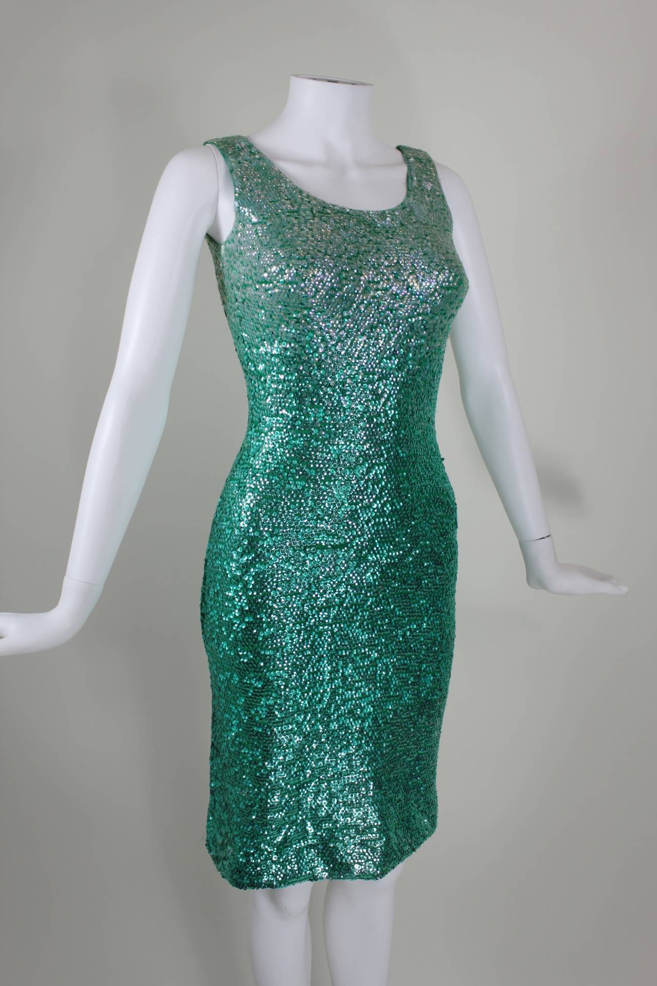 1960s Peacock Green Sequined Knit Dress 5