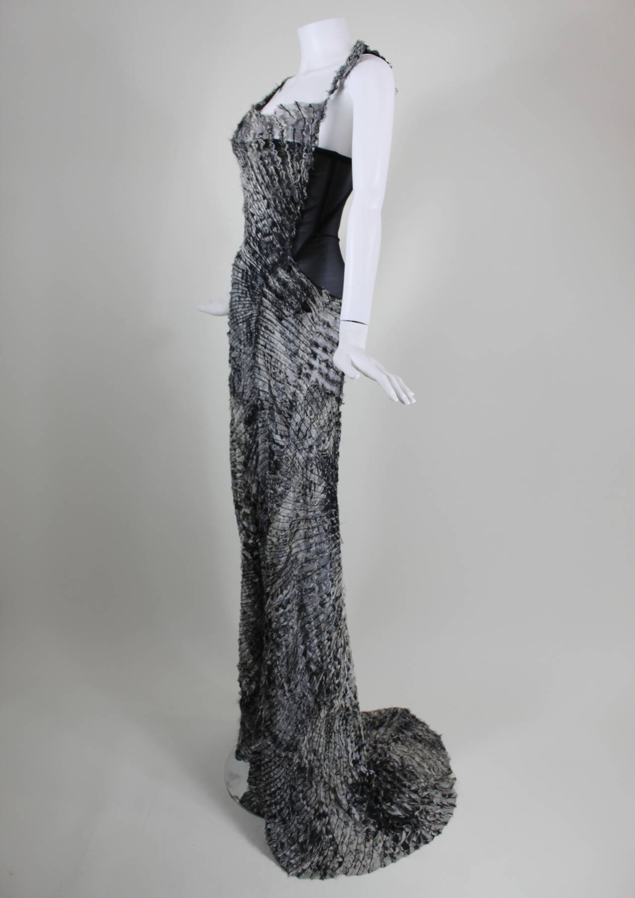 Roberto Cavalli Sheer Asymmetrical Gown with Appliqued Graphic Print In Excellent Condition In Los Angeles, CA