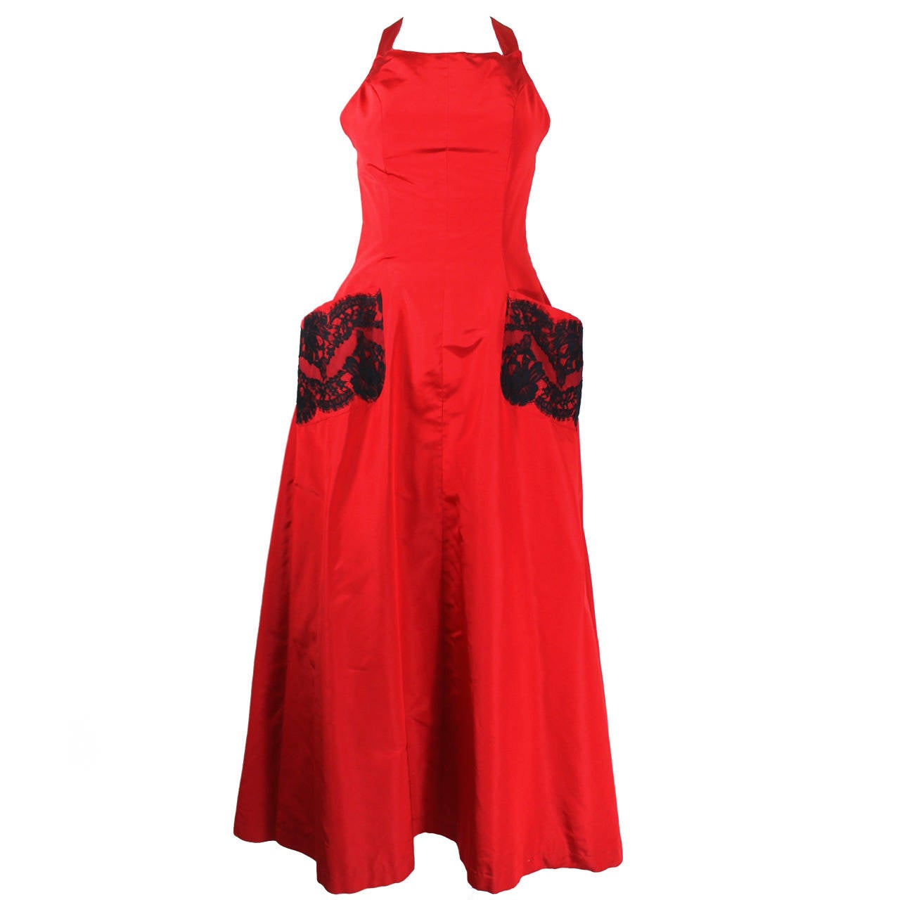 1990s Christian Lacroix Strawberry Red and Black Lace Pinafore Gown