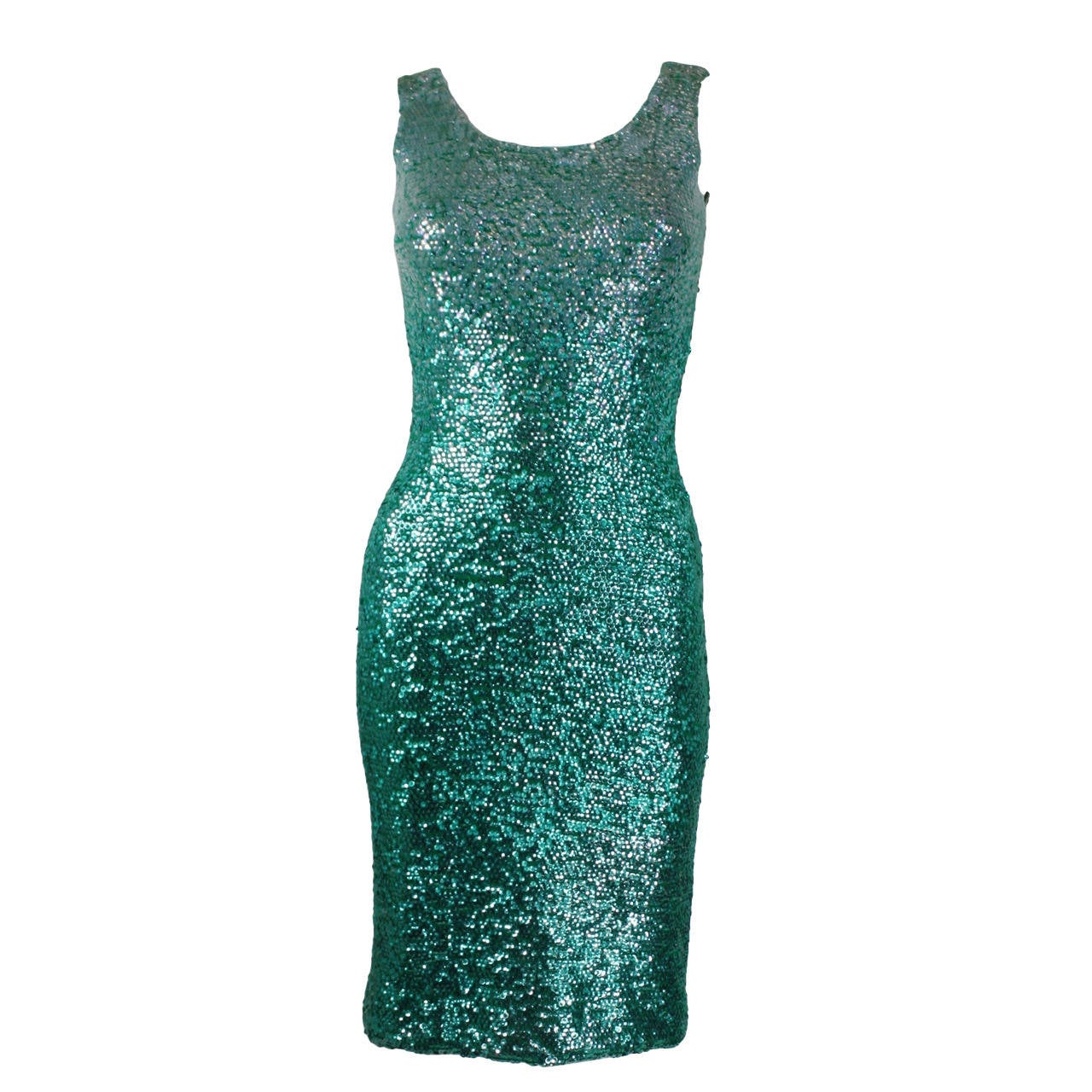 1960s Peacock Green Sequined Knit Dress