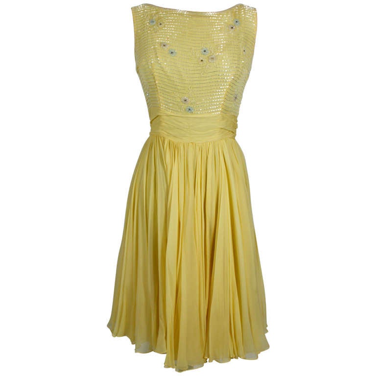 1960s Ceil Chapman Buttercream Yellow Chiffon Beaded  Cocktail Dress