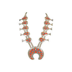 Vintage Native American Squash Blossom Necklace with Coral and Sterling Silver