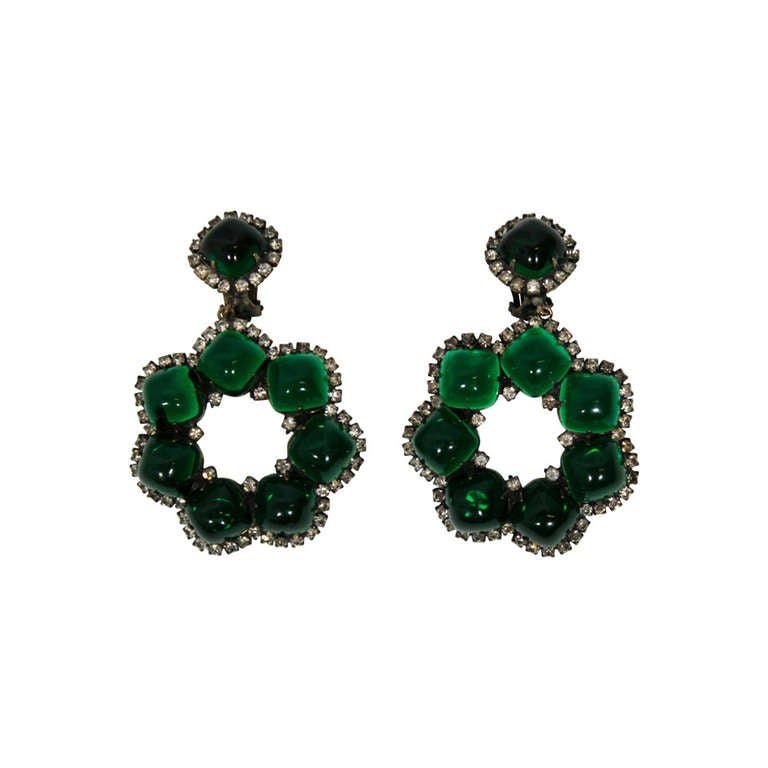 KJL 1960s Emerald Green Floral Cocktail Earrings with Rhinestones