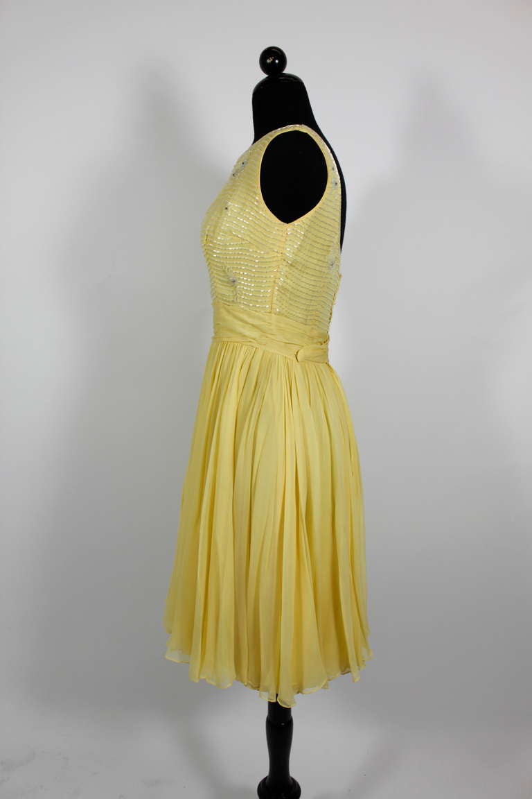 Women's 1960s Ceil Chapman Buttercream Yellow Chiffon Beaded  Cocktail Dress