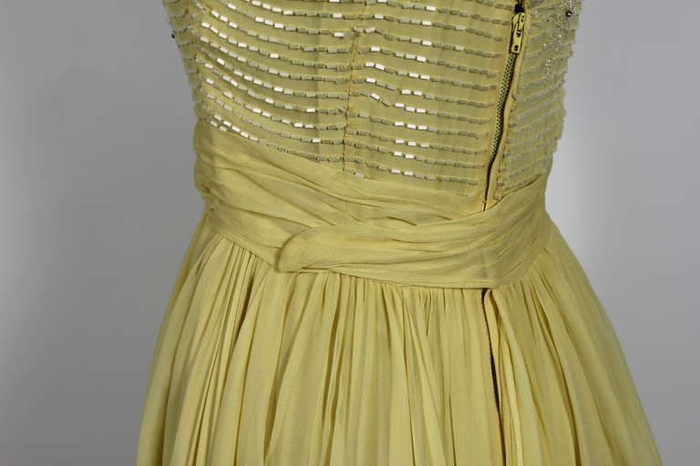 1960s Ceil Chapman Buttercream Yellow Chiffon Beaded  Cocktail Dress 1