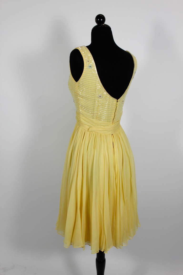 1960s Ceil Chapman Buttercream Yellow Chiffon Beaded  Cocktail Dress 2