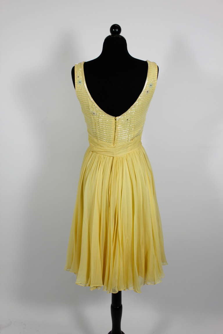 1960s Ceil Chapman Buttercream Yellow Chiffon Beaded  Cocktail Dress 3