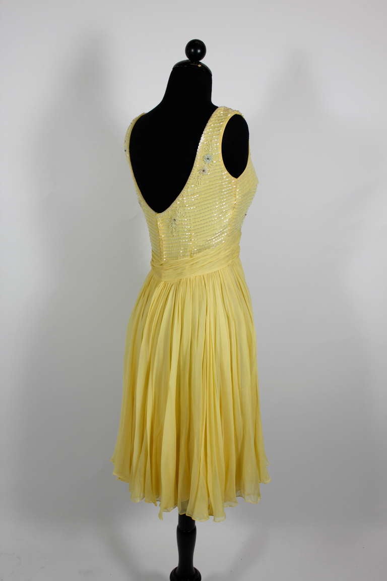 1960s Ceil Chapman Buttercream Yellow Chiffon Beaded  Cocktail Dress 5