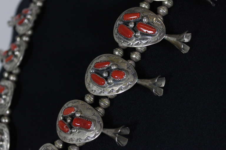 Native American Squash Blossom Necklace with Coral and Sterling Silver 1