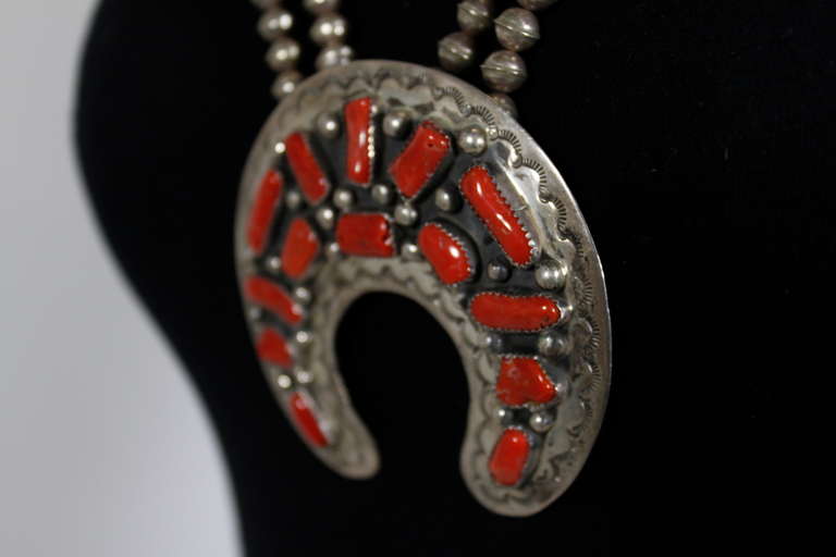 Native American Squash Blossom Necklace with Coral and Sterling Silver 2
