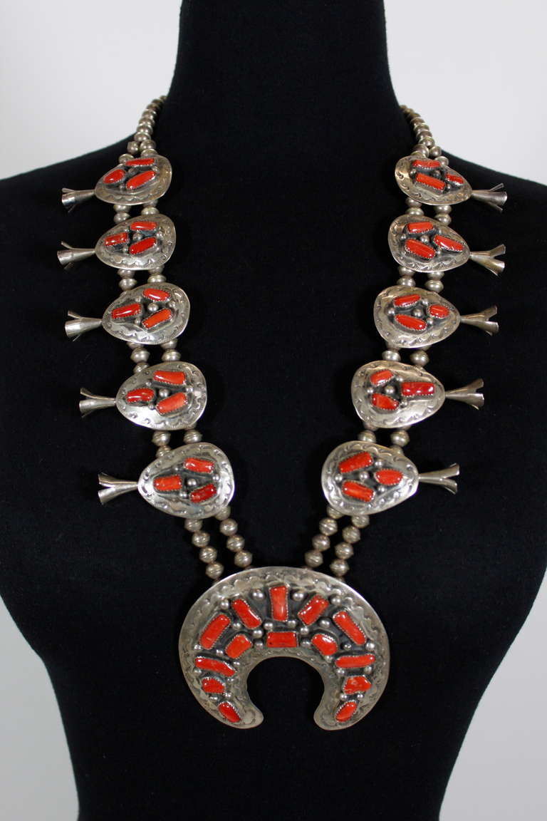 Native American Squash Blossom Necklace with Coral and Sterling Silver 3