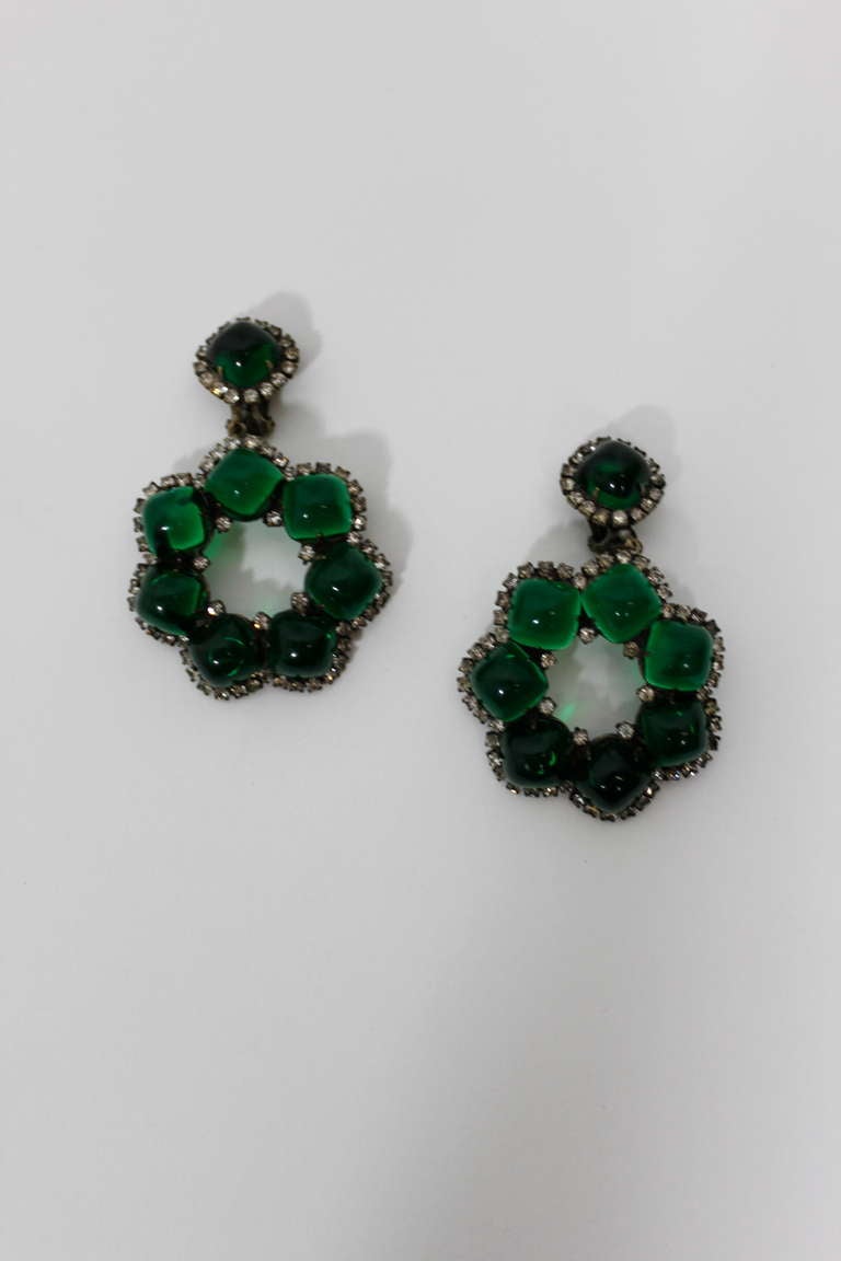 Women's KJL 1960s Emerald Green Floral Cocktail Earrings with Rhinestones