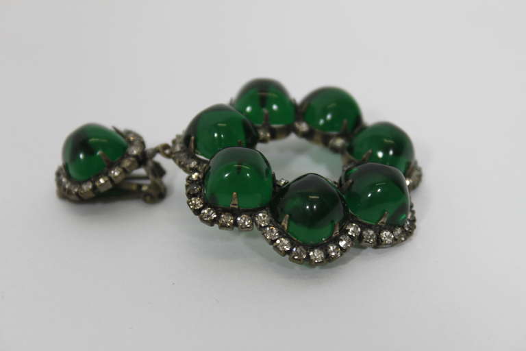 KJL 1960s Emerald Green Floral Cocktail Earrings with Rhinestones 1