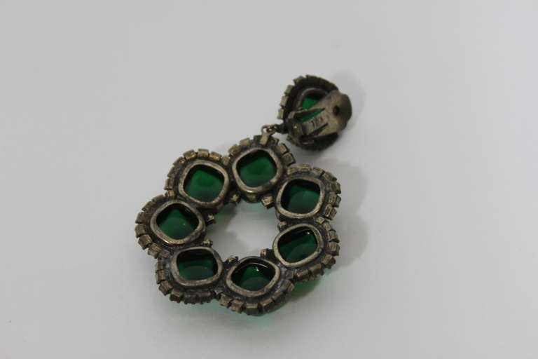 KJL 1960s Emerald Green Floral Cocktail Earrings with Rhinestones 3