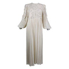 1980s Galanos Cream Pleated Silk Chiffon Evening Gown with Rhinestones