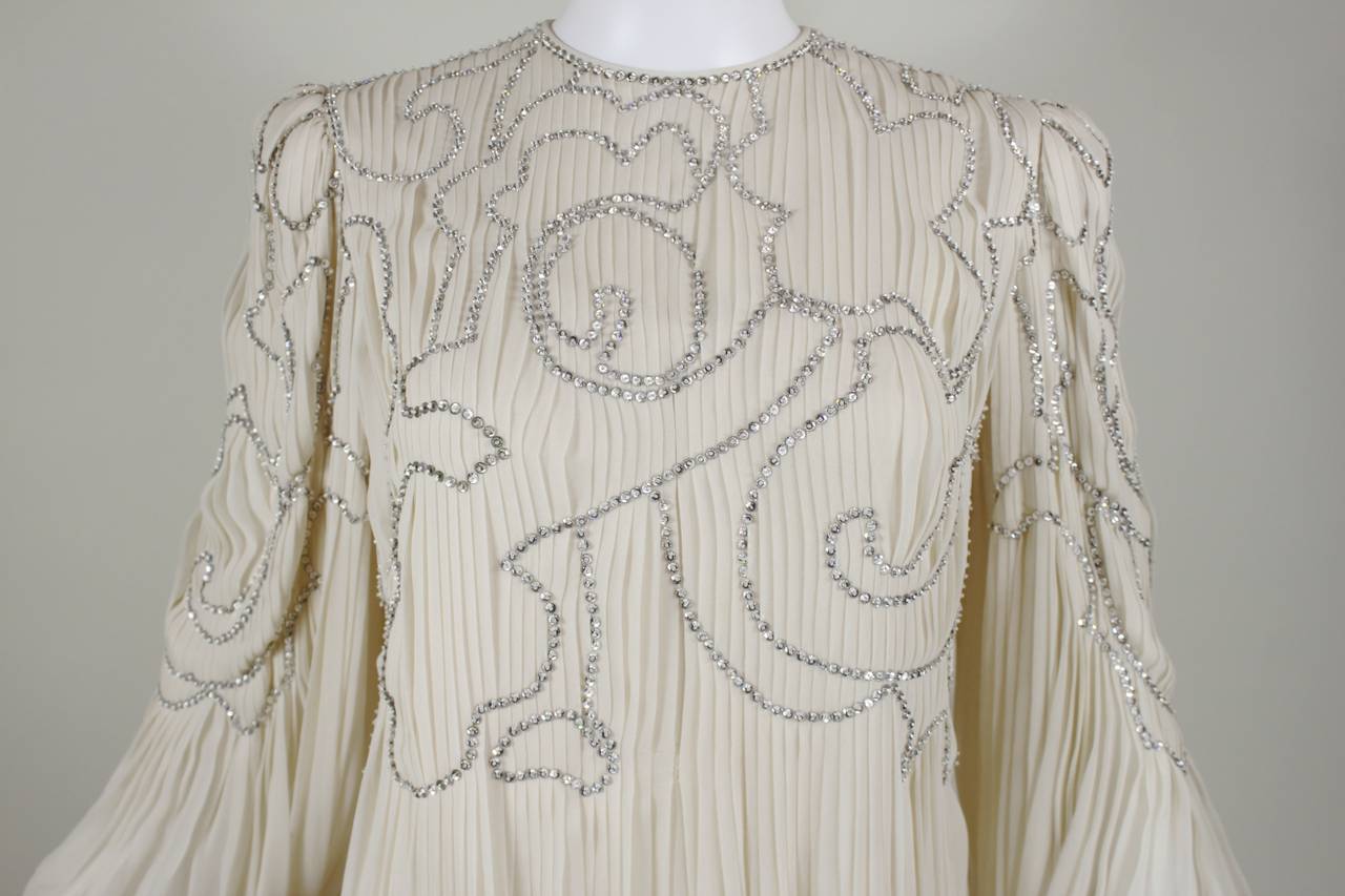 Women's 1980s Galanos Cream Pleated Silk Chiffon Evening Gown with Rhinestones
