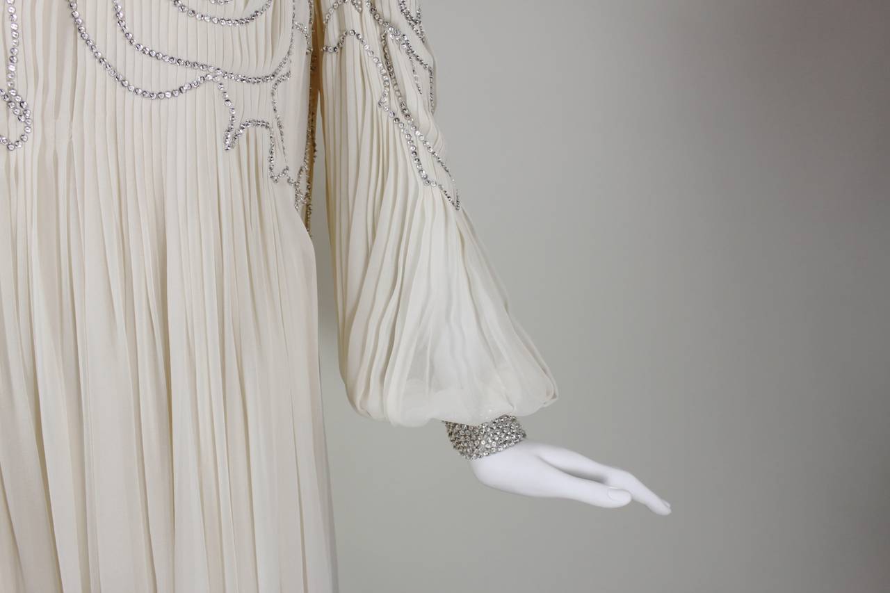 1980s Galanos Cream Pleated Silk Chiffon Evening Gown with Rhinestones 2