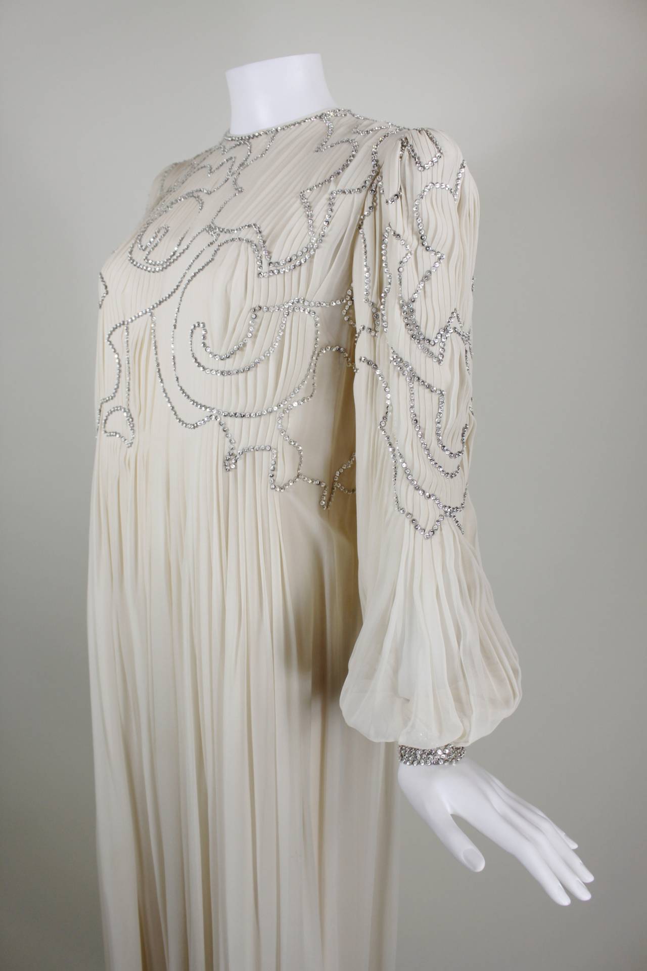 1980s Galanos Cream Pleated Silk Chiffon Evening Gown with Rhinestones In Excellent Condition In Los Angeles, CA