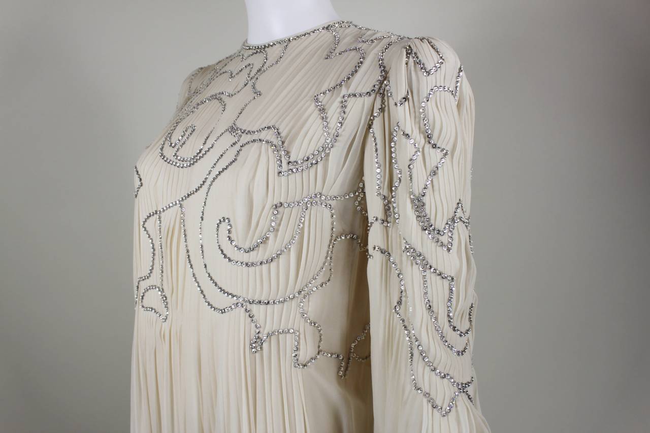 1980s Galanos Cream Pleated Silk Chiffon Evening Gown with Rhinestones 1