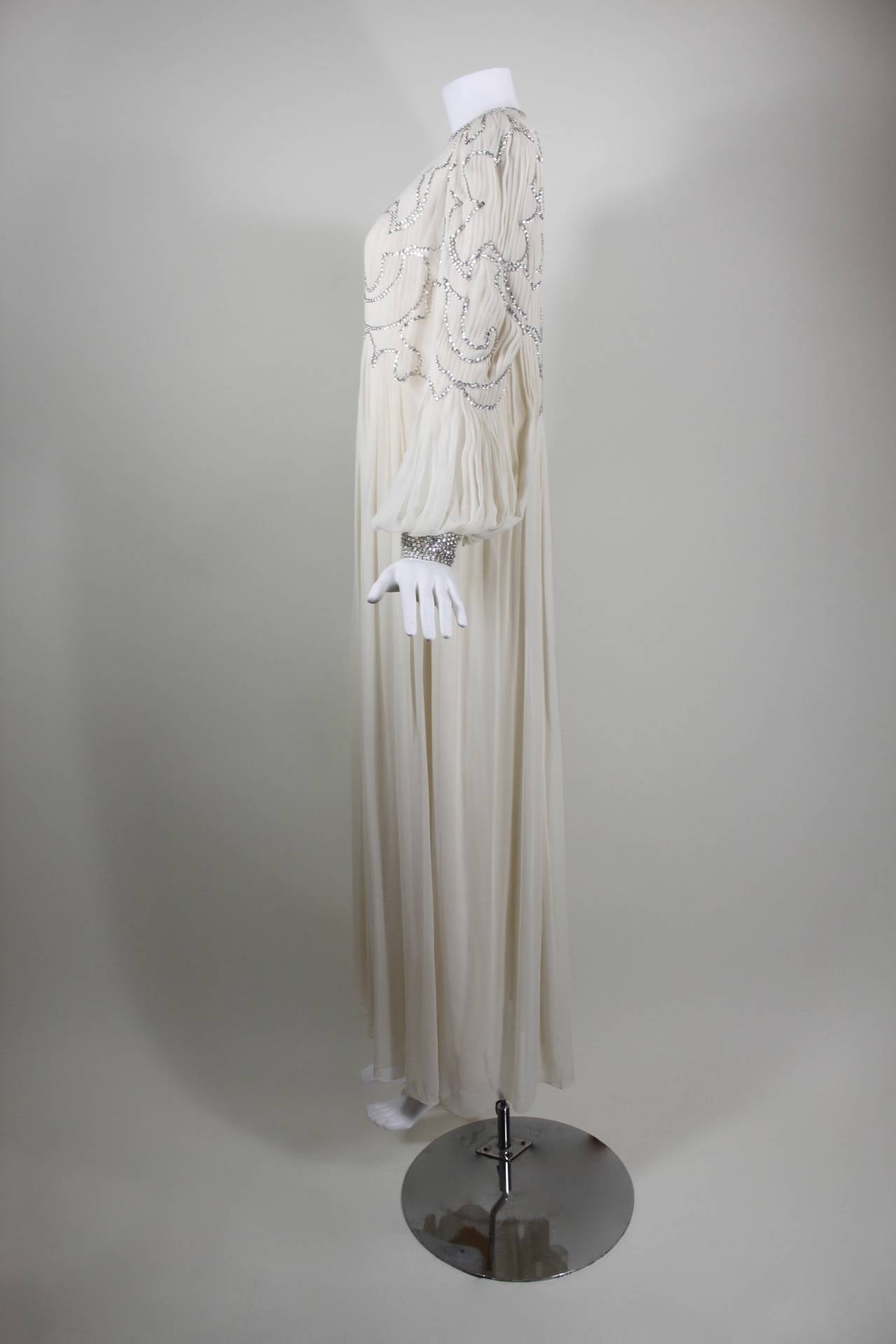 Gray 1980s Galanos Cream Pleated Silk Chiffon Evening Gown with Rhinestones