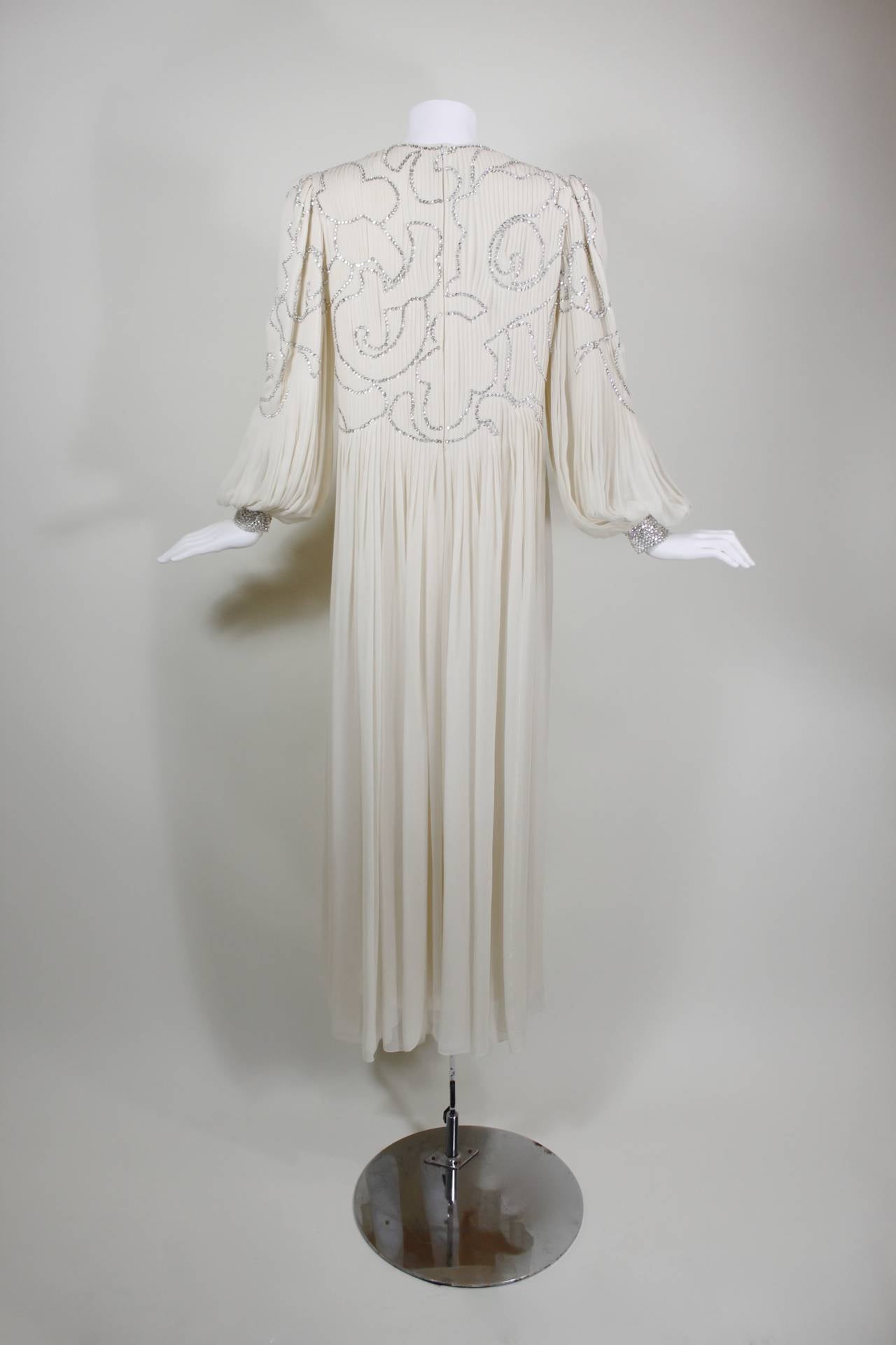 1980s Galanos Cream Pleated Silk Chiffon Evening Gown with Rhinestones 3