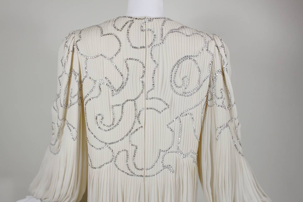 1980s Galanos Cream Pleated Silk Chiffon Evening Gown with Rhinestones 4