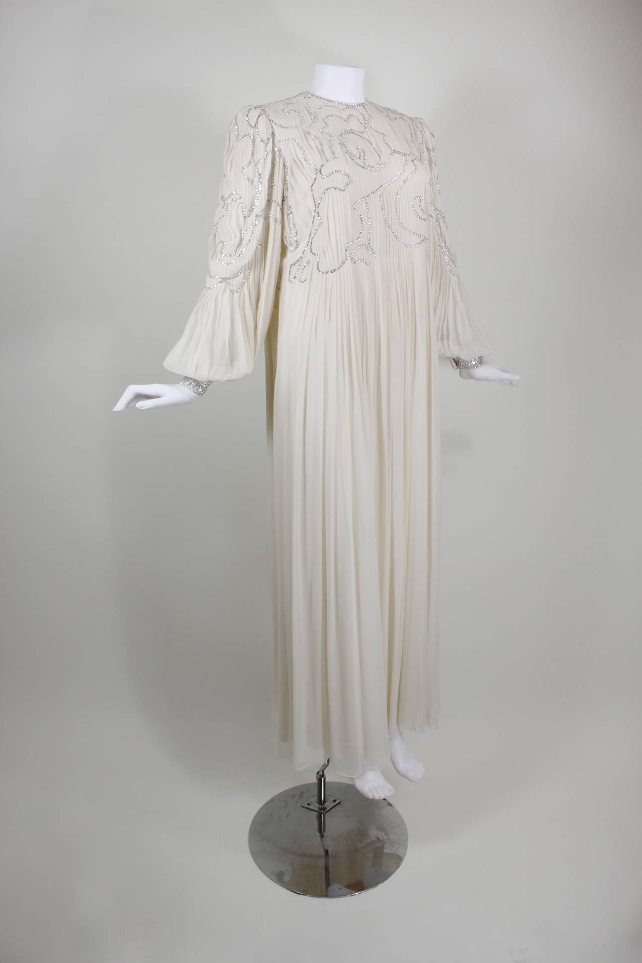 1980s Galanos Cream Pleated Silk Chiffon Evening Gown with Rhinestones 5