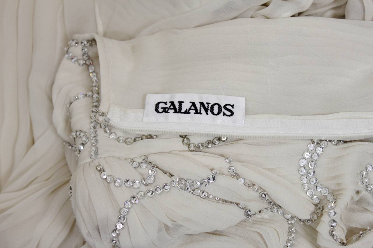 1980s Galanos Cream Pleated Silk Chiffon Evening Gown with Rhinestones 6