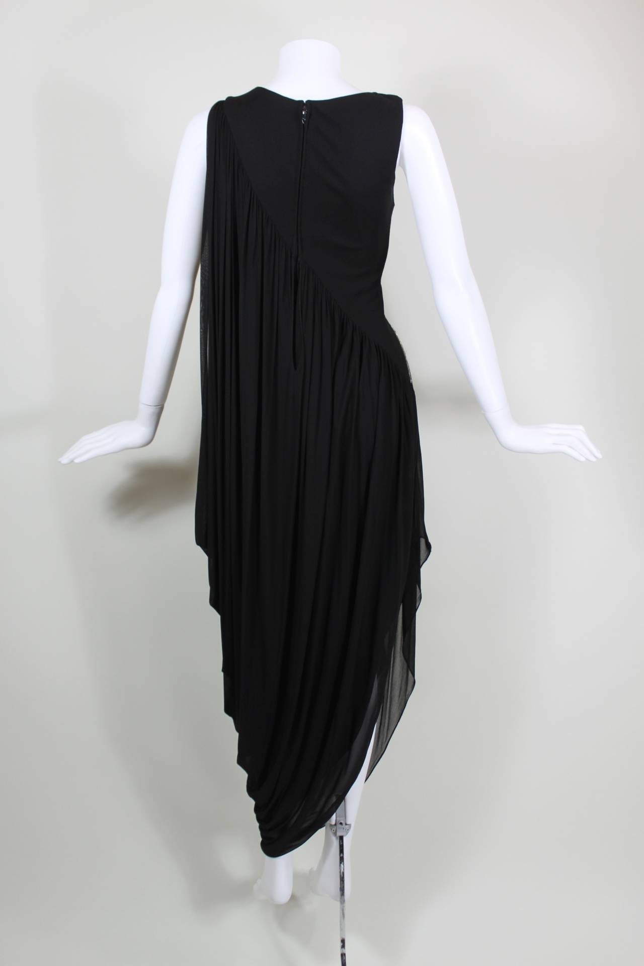 Bob Mackie Black Draped Jersey Dress with Flower Appliqué In Excellent Condition In Los Angeles, CA