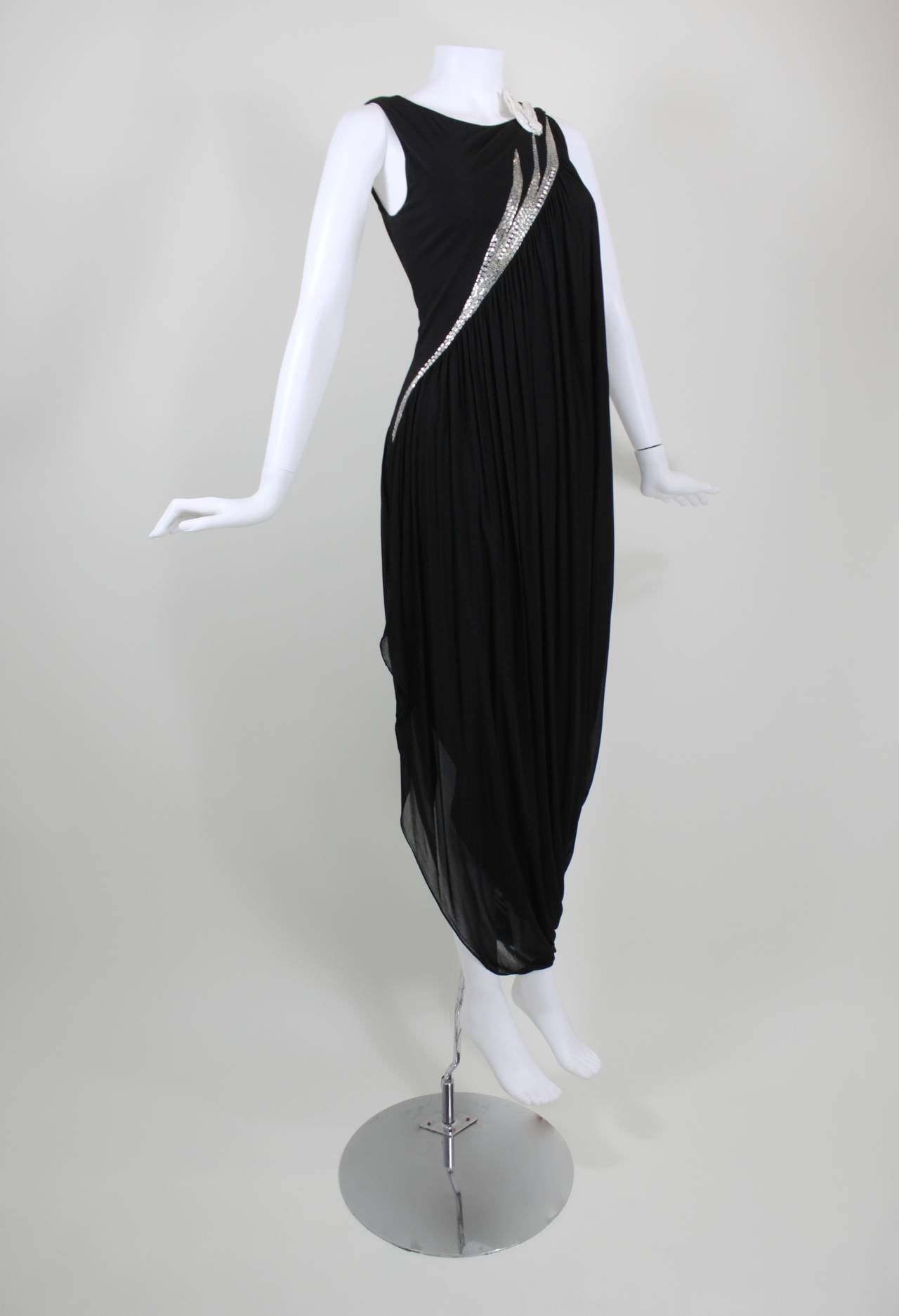 Women's Bob Mackie Black Draped Jersey Dress with Flower Appliqué